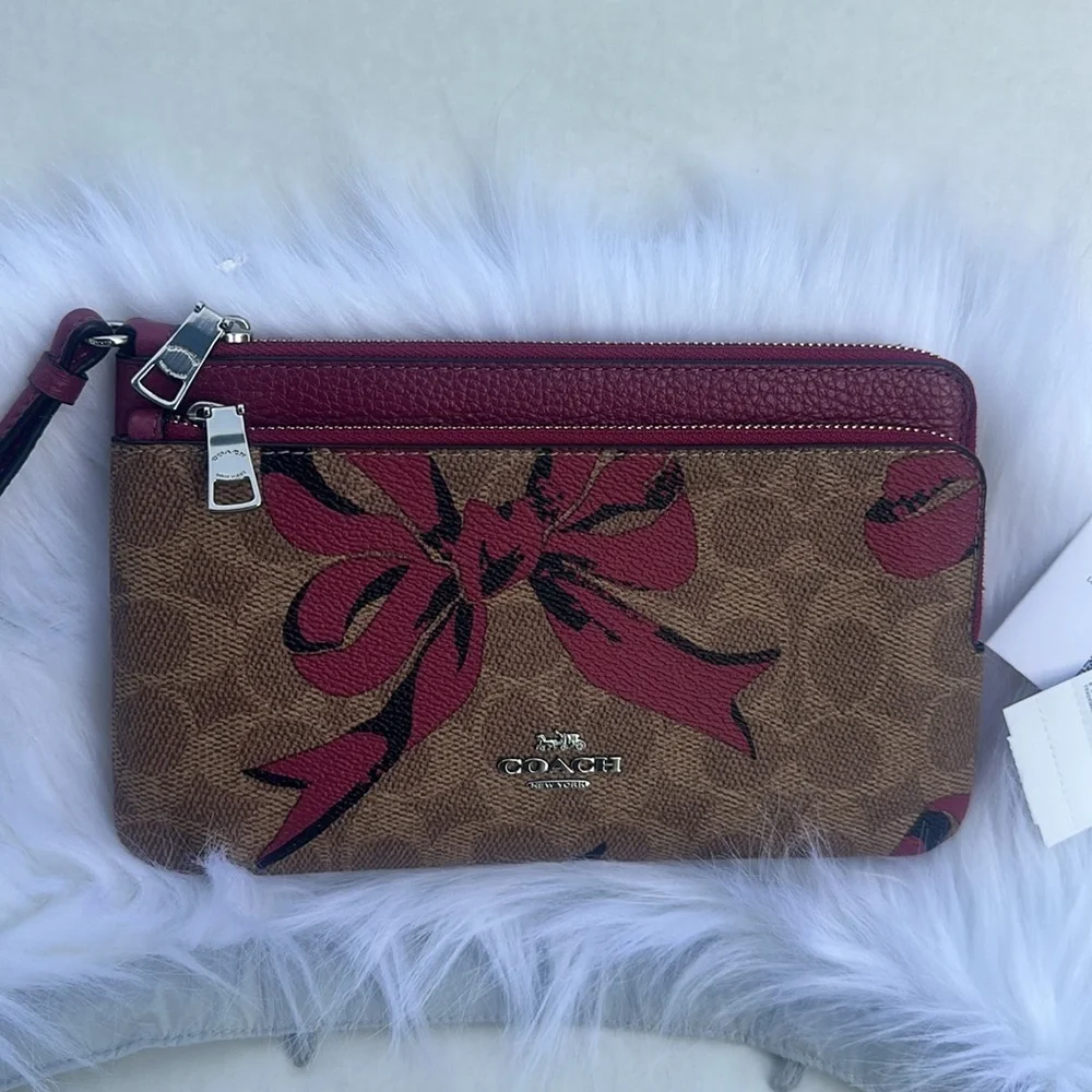 New COACH Double Zip Wallet In Signature Canvas With Bow Print - Picture 7 of 11
